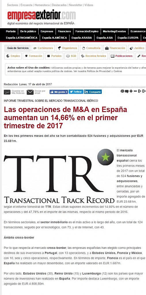Las operaciones de M&A en Espaa aumentan un 14,66% en el primer trimestre de 2017